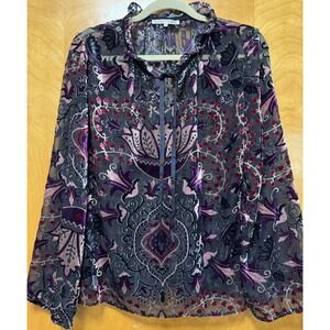 Violet + Claire Womens Velvet‎ Burnout Bell Sleeve V-neck Semi Sheer Top Sz M